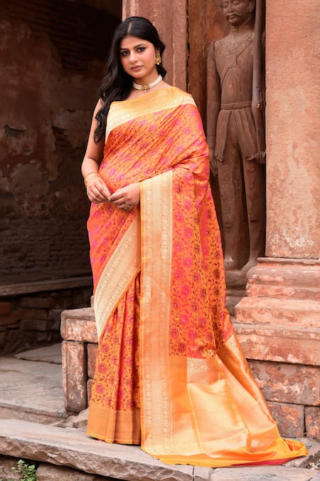 Naaritva India Orange Zari Handwoven Work Banarasi Saree With Running Blouse 