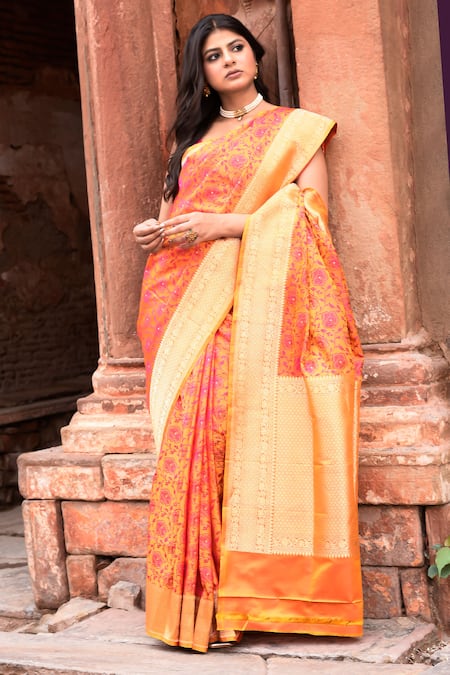 Buy_Naaritva India_Orange Zari Handwoven Work Banarasi Saree With Running Blouse _Online_at_Aza_Fashions