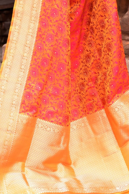 Shop_Naaritva India_Orange Zari Handwoven Work Banarasi Saree With Running Blouse _Online_at_Aza_Fashions