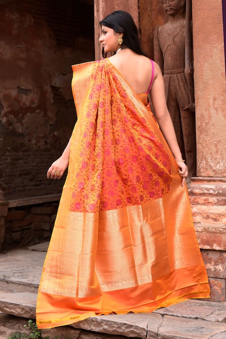 Naaritva India Handwoven Zari Work Orange Banarasi Saree With Running Blouse 