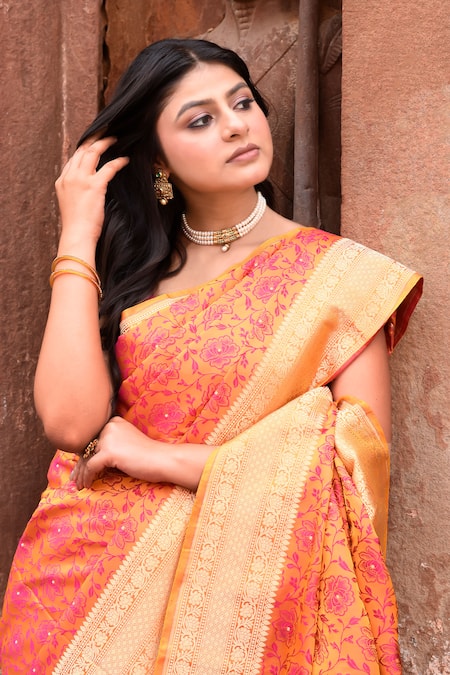 Naaritva India_Orange Zari Handwoven Work Banarasi Saree With Running Blouse _at_Aza_Fashions