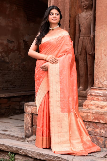Naaritva India Peach Handwoven Zari Banarasi Saree With Running Blouse 