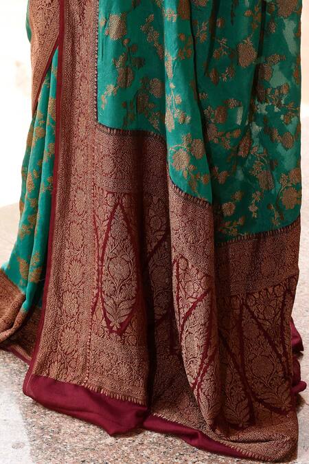 Naaritva India_Teal Crepe, Silk, Chiffon Green Handwoven Banarasi Saree With Running Blouse _at_Aza_Fashions