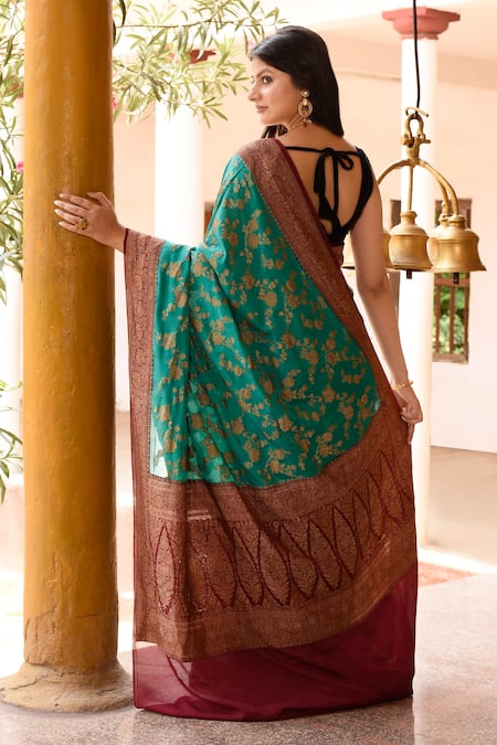 Naaritva India Teal Green Handwoven Banarasi Saree With Running Blouse 
