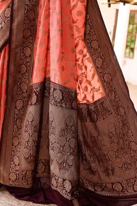 Buy_Naaritva India_Coral Crepe, Chiffon, Silk Zari Handwoven Anarasi Saree With Running Blouse 