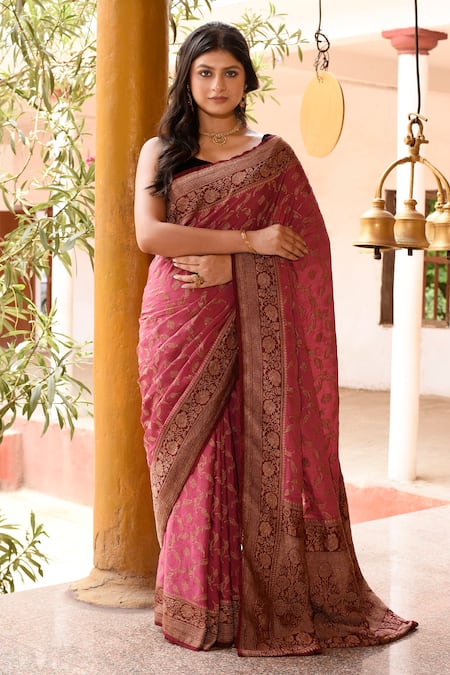 Naaritva India Pink Crepe, Chiffon, Silk Handwoven Dark Banarasi Saree With Running Blouse 