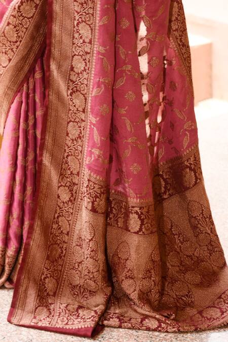 Shop_Naaritva India_Pink Crepe, Chiffon, Silk Handwoven Dark Banarasi Saree With Running Blouse _Online_at_Aza_Fashions