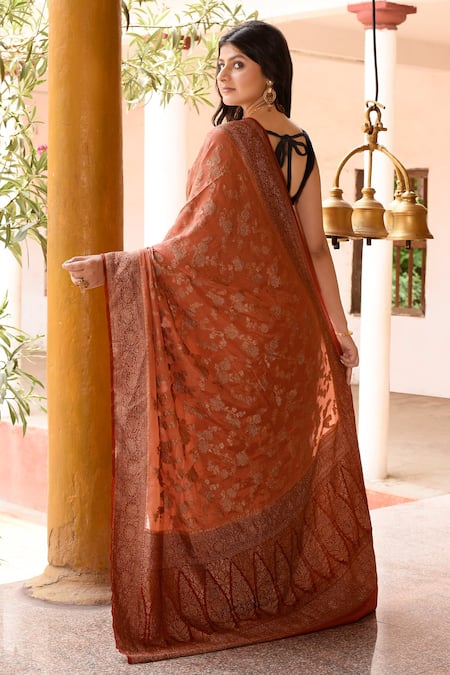 Naaritva India Handwoven Zari Peach Banarasi Saree With Running Blouse 
