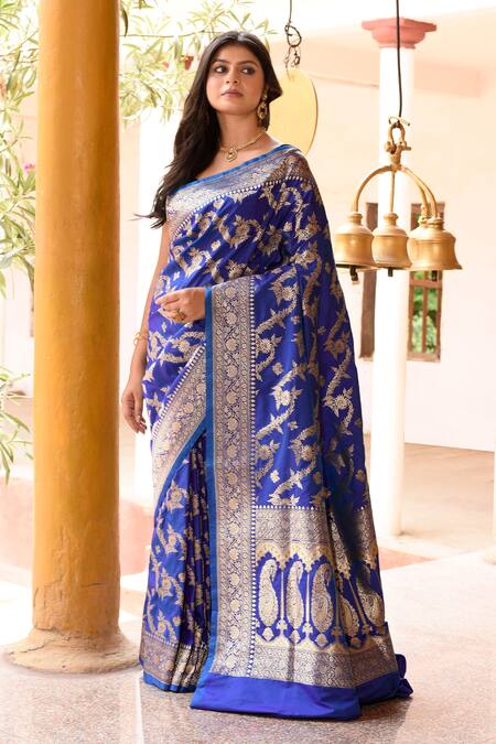Buy_Naaritva India_Blue Zari Handwoven Work Banarasi Saree With Running Blouse _Online_at_Aza_Fashions
