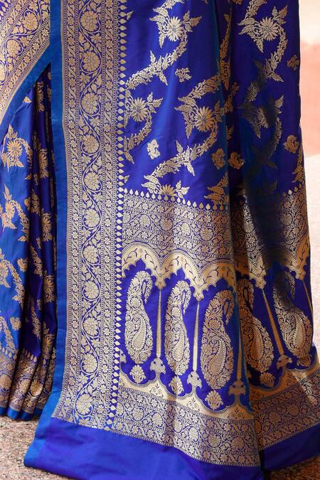 Naaritva India_Blue Zari Handwoven Work Banarasi Saree With Running Blouse _at_Aza_Fashions