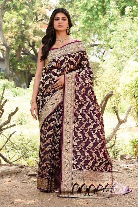 Naaritva India Plum Purple Handwoven Zari Banarasi Saree With Running Blouse 