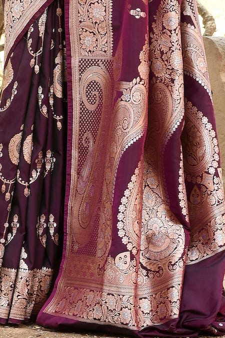 Shop_Naaritva India_Wine Zari Handwoven Work Banarasi Saree With Running Blouse _Online_at_Aza_Fashions