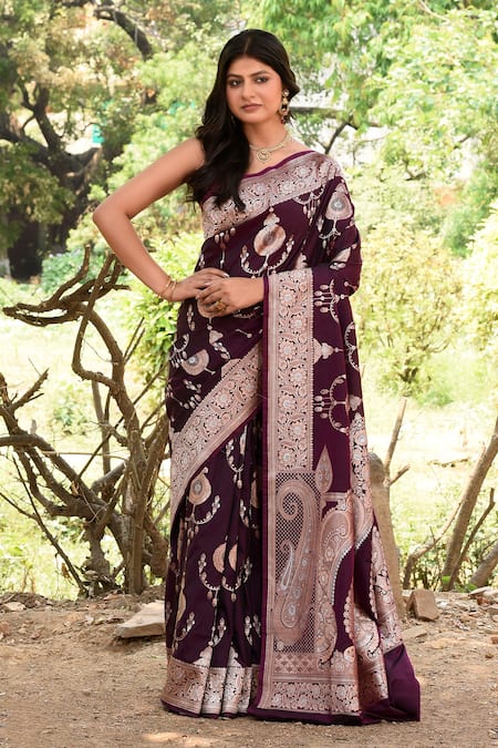 Naaritva India Wine Zari Handwoven Work Banarasi Saree With Running Blouse 