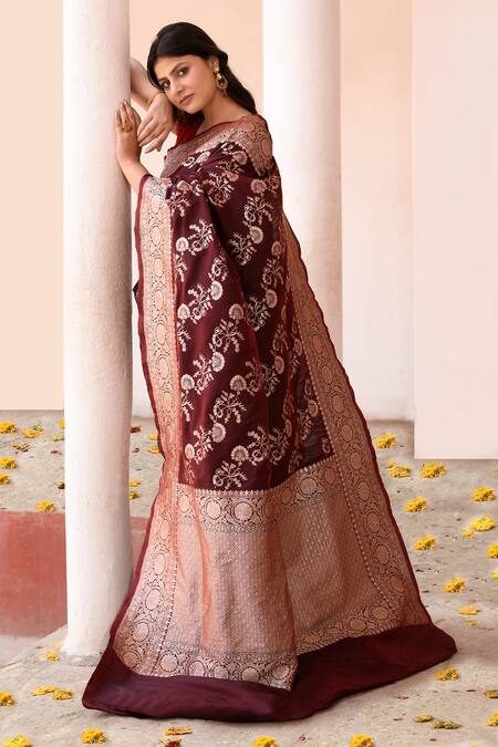 Buy_Naaritva India_Brown Zari Cocoa Handwoven Banarasi Saree With Running Blouse _Online_at_Aza_Fashions