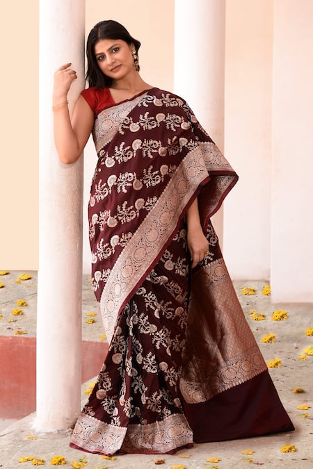 Shop_Naaritva India_Brown Zari Cocoa Handwoven Banarasi Saree With Running Blouse _Online_at_Aza_Fashions
