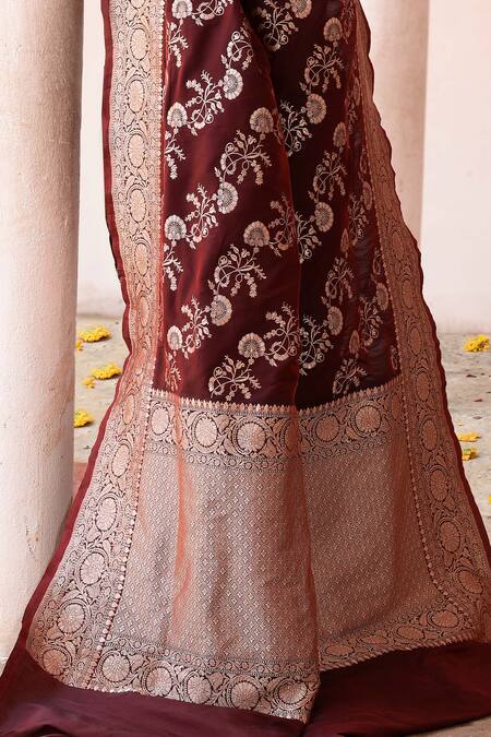 Naaritva India_Brown Zari Cocoa Handwoven Banarasi Saree With Running Blouse _at_Aza_Fashions