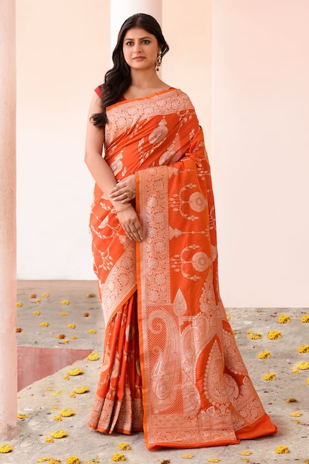Naaritva India Orange Zari Handwoven Work Banarasi Saree With Running Blouse 