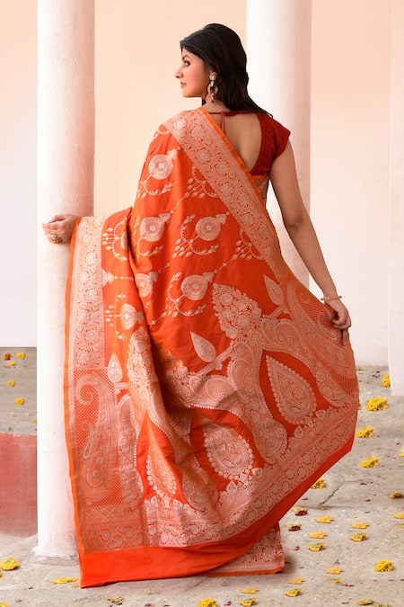 Naaritva India Handwoven Zari Work Orange Banarasi Saree With Running Blouse 