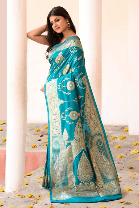Naaritva India_Teal Zari Green Handwoven Banarasi Saree With Running Blouse _Online_at_Aza_Fashions