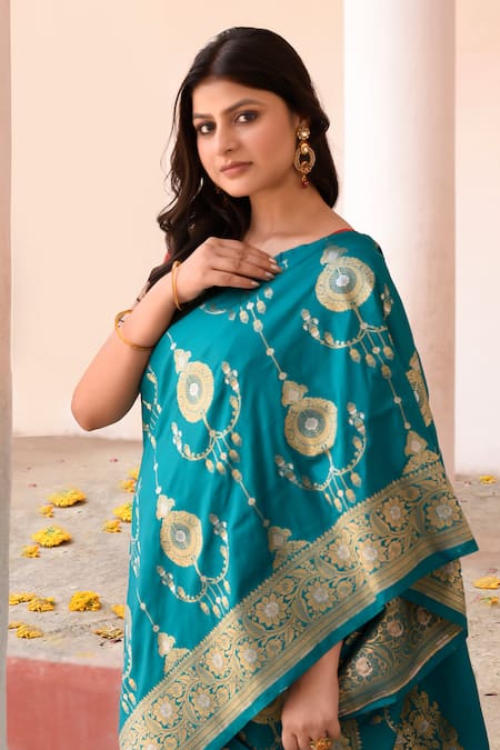 Buy_Naaritva India_Teal Zari Green Handwoven Banarasi Saree With Running Blouse _Online_at_Aza_Fashions