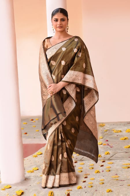Naaritva India_Olive Green Zari Handwoven Work Banarasi Saree With Running Blouse _Online_at_Aza_Fashions