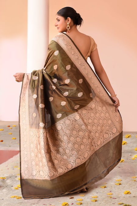 Naaritva India Handwoven Zari Work Olive Green Banarasi Saree With Running Blouse 