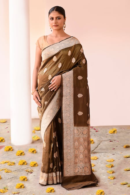Naaritva India Olive Green Zari Handwoven Work Banarasi Saree With Running Blouse 