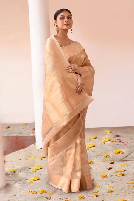 Buy_Naaritva India_Gold Zari Handwoven Banarasi Saree With Running Blouse _Online_at_Aza_Fashions
