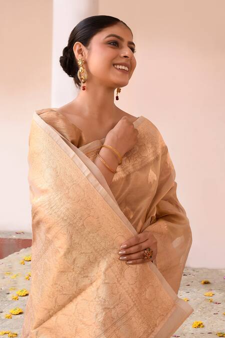 Shop_Naaritva India_Gold Zari Handwoven Banarasi Saree With Running Blouse _Online_at_Aza_Fashions