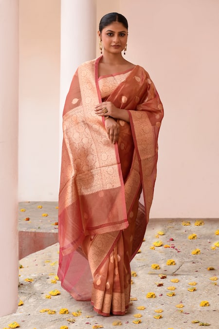 Buy_Naaritva India_Rose Gold Zari Handwoven Banarasi Saree With Running Blouse _Online_at_Aza_Fashions