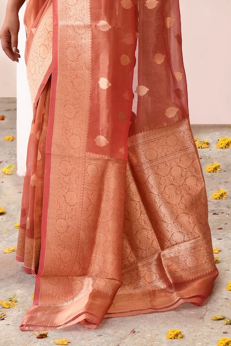 Shop_Naaritva India_Rose Gold Zari Handwoven Banarasi Saree With Running Blouse _Online_at_Aza_Fashions