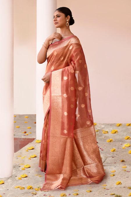 Naaritva India_Rose Gold Zari Handwoven Banarasi Saree With Running Blouse _at_Aza_Fashions