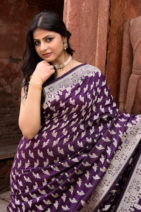 Naaritva India_Purple Zari Handwoven Work Banarasi Saree With Running Blouse _at_Aza_Fashions