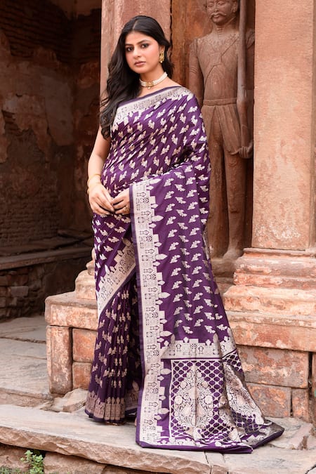 Naaritva India Purple Zari Handwoven Work Banarasi Saree With Running Blouse 