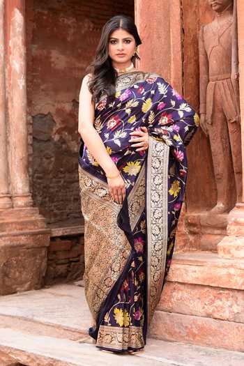 Shop_Naaritva Banaras_Purple Zari Handwoven Banarasi Saree With Running Blouse _Online_at_Aza_Fashions
