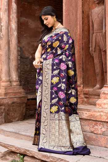 Naaritva Banaras_Purple Zari Handwoven Banarasi Saree With Running Blouse _at_Aza_Fashions