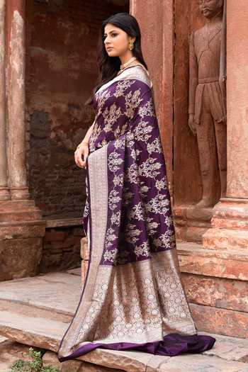 Buy_Naaritva Banaras_Purple Zari Handwoven Banarasi Saree With Running Blouse _Online_at_Aza_Fashions