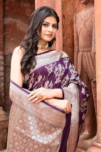 Shop_Naaritva Banaras_Purple Zari Handwoven Banarasi Saree With Running Blouse _Online_at_Aza_Fashions