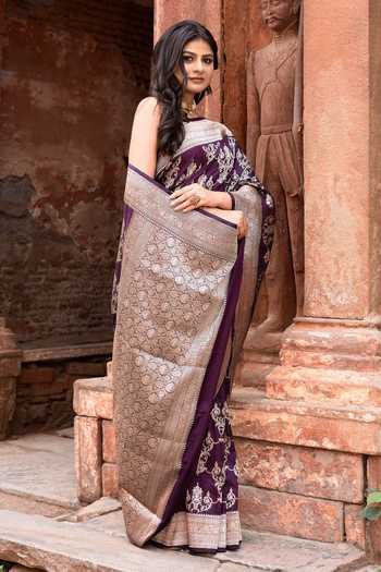 Naaritva Banaras_Purple Zari Handwoven Banarasi Saree With Running Blouse _at_Aza_Fashions
