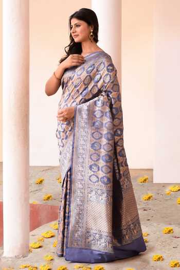 Buy_Naaritva Banaras_Purple Zari Handwoven Banarasi Saree With Running Blouse _Online_at_Aza_Fashions