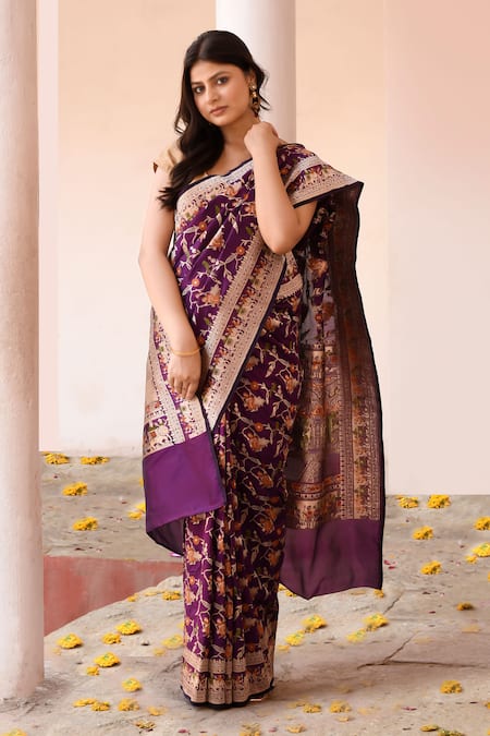 Buy_Naaritva India_Purple Zari Handwoven Work Banarasi Saree With Running Blouse _Online_at_Aza_Fashions