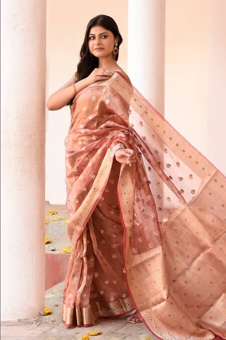 Shop_Naaritva India_Rose Gold Tissue Zari Handwoven Banarasi Saree With Running Blouse _Online_at_Aza_Fashions