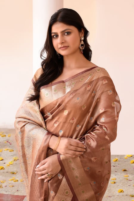 Buy_Naaritva India_Brown Tissue Zari Handwoven Copper Banarasi Saree With Running Blouse _Online_at_Aza_Fashions