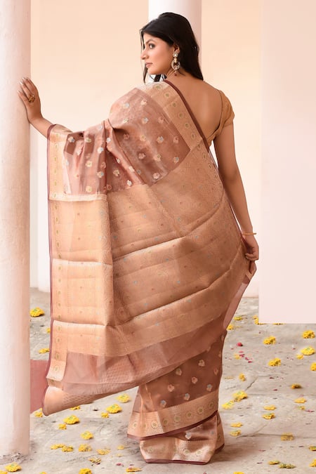 Naaritva India Handwoven Zari Copper Brown Banarasi Saree With Running Blouse 
