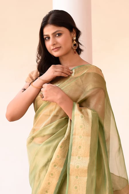 Naaritva India_Green Tissue Zari Handwoven Banarasi Saree With Running Blouse _Online_at_Aza_Fashions