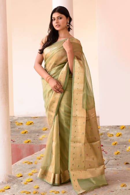 Buy_Naaritva India_Green Tissue Zari Handwoven Banarasi Saree With Running Blouse _Online_at_Aza_Fashions