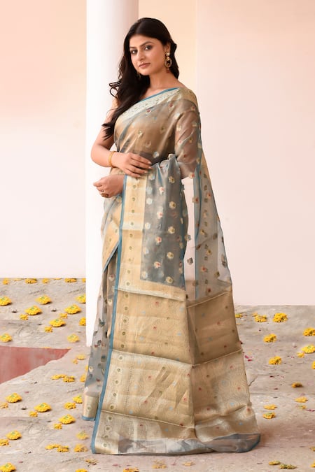 Buy_Naaritva India_Gray Tissue Zari Handwoven Grey Banarasi Saree With Running Blouse _Online_at_Aza_Fashions