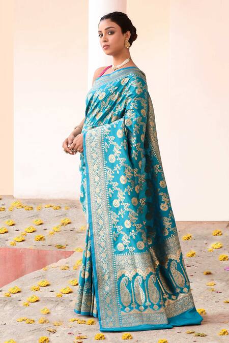 Buy_Naaritva India_Aqua Silk Zari Blue Handwoven Banarasi Saree With Running Blouse _Online_at_Aza_Fashions