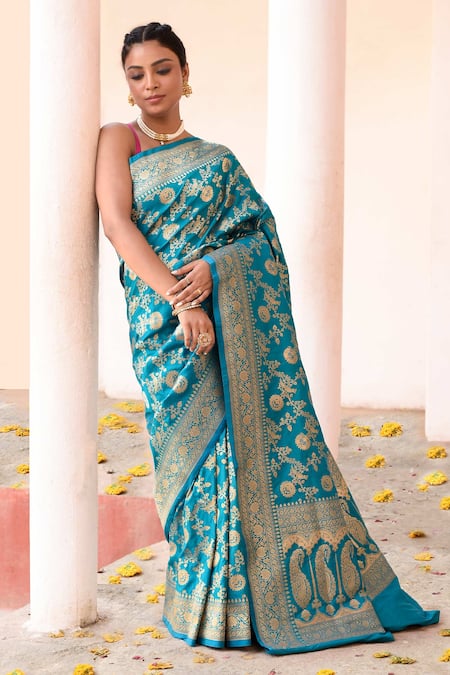 Shop_Naaritva India_Aqua Silk Zari Blue Handwoven Banarasi Saree With Running Blouse _Online_at_Aza_Fashions