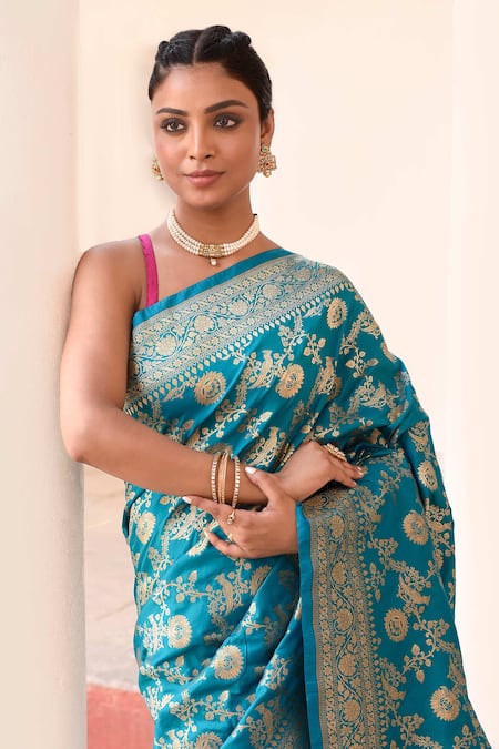 Naaritva India_Aqua Silk Zari Blue Handwoven Banarasi Saree With Running Blouse _at_Aza_Fashions